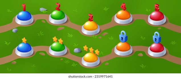 Game level progress indicator on green lawn. Vector cartoon illustration of colorful buttons marked with numbers, closed locks and bonus golden stars along road. Gaming user interface design element
