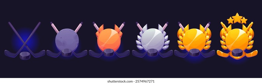 Game level rank badge icons, ice hockey sport award medals, vector UI assets. Cartoon sport game rank badges of gold, silver, bronze and stone shields, stars and wreaths, ice hockey sticks and pucks