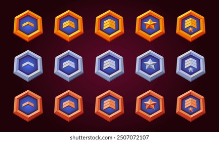 Game level up reward badges set. Vector flat golden symbol for progress and evolution. Rank reward, victory, success achievement award trophy. High quality vector gold, silver and bronze. Blue color.