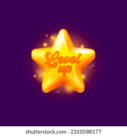 Game level up reward gold star rate icon. Game success award, videogame victory or rating vector symbol, arcade task complete winner icon. Casino level up win sign with glowing golden star