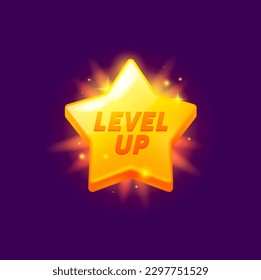 Game level up reward golden star rate icon. Casino achievement win sign, arcade task rank rank complete vector icon or gaming success award. Videogame victory celebration shiny star symbol