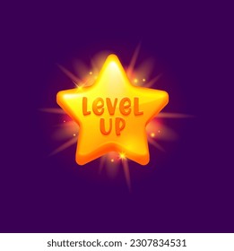 Game level up reward star, rate icon, award badge or prize trophy, vector UI asset. Level up icon of cartoon gold shine star for arcade game next level or mission completed bonus badge