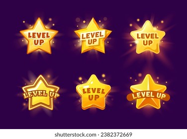 Game level up reward star rate icons. Vector golden glowing cartoon stars. Casino bonus, rank reward, victory, success achievement award trophy, ui or gui mobile app winner surprise gift popup element