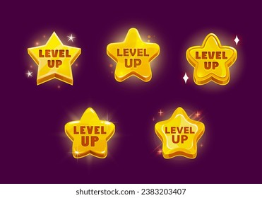 Nivel de juego arriba iconos de la tarifa de estrellas de recompensa. Juego aislado de insignias de oro vectorial, galardonado con medallas ui, brillantes logros de rango. Clasificación de estrellas de bonificación, elementos de interfaz de menú de apreciación del torneo ganador o campeón