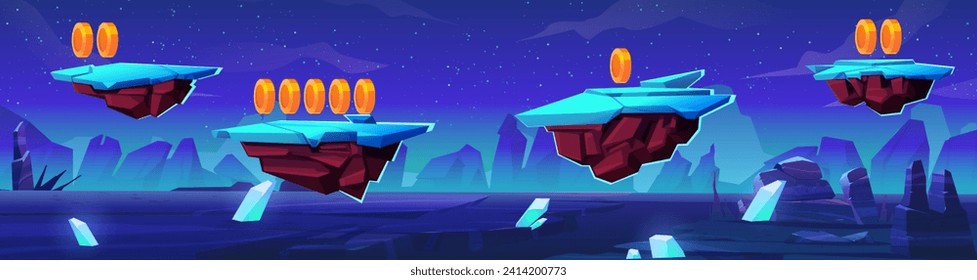 Game level route with coins to collect on floating land islands on background with alien planet surface in outer space. Cartoon videogame map with treasure on flying platform from rock and ice.