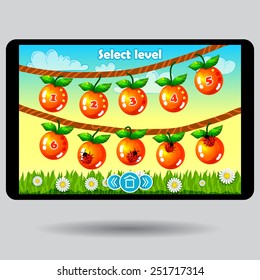 Game level selection fruit ui screen. Menu with oranges on the branches. Landscape with grass and ladybugs.