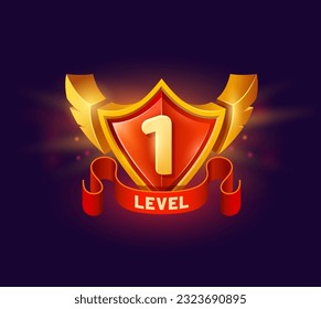 Game level up shield badge, win icon, bonus award or medal banner, vector GUI. 1 level badge with golden wings and red ribbon for video game, next level complete or bonus award achievement shield