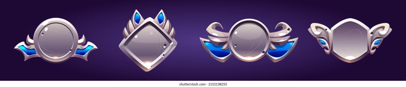 Game Level Silver Badges, Metallic Ui Icons, Empty Steel Banners With Wings, Gem Stones Or Iron Wreath. Isolated Metal Award Frames Or Bonus Graphic Elements, Trophy Achievement Vector Set For Rpg