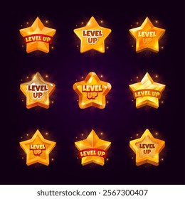 Game level up stars. Gamer winner levels achievement gold star badges, award medals casino bonus rank badge win point screen ui ux element, cartoon set swanky vector illustration original artwork