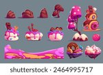 Game level ui design assets for dream candy land scenery creation. Cartoon vector set of sweet dessert elements - ground platform, jump islands, house and plants made from cake, ice cream, chocolate.