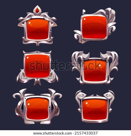 Game level ui icons, buttons, isolated award or bonus frames. Empty badges or banners with red glossy plank and silver shiny vignette, user interface graphics in medieval style Vector elements for rpg