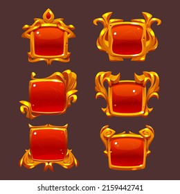 Game level ui icons, golden buttons, isolated award or bonus square frames. Empty badges or banners with red glossy plank, gold decorated wreath, winner and user experience Vector graphics for rpg