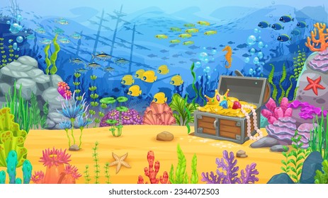 Game level underwater landscape. Cartoon treasure chest, fish shoal, seaweeds and sunken ship silhouette. Vector ocean world parallax background with shipwreck boat and pirate loot trunk on sea bottom