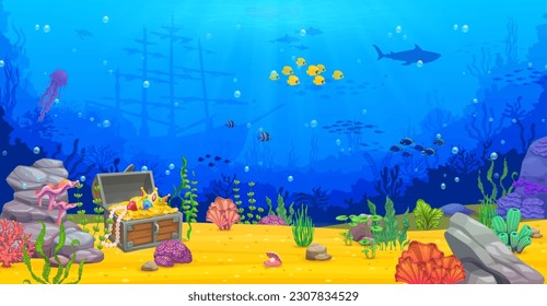 Game level, underwater landscape with pirates treasure chest, sunken ship, sea animals silhouettes and tropical seaweeds. Cartoon vector ocean world background with shipwreck boat and loot trunk