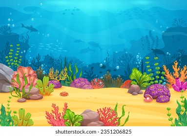 Game level underwater landscape with sea or ocean fishes and animals, vector cartoon background. Undersea coral reef dolphins, shark or turtle and seashells in deep ocean or sea water for game level