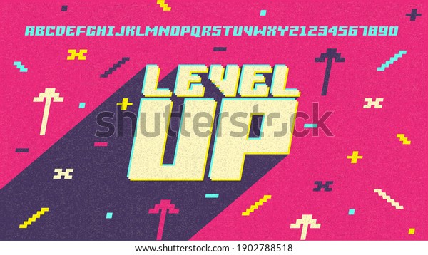 Game. Level Up. Screen. Pixel video game\
achievement, pixels 8 bit games ui and gaming level progress.\
Arcade games achievements or pixelation gaming trophy. Vector\
illustration easy\
editable.