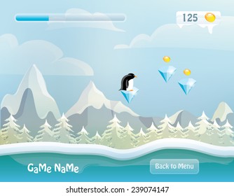 game level vector illustration- snowy background landscape with forest, mountains, clouds, game items and penguin character- computer and mobile design