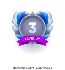 Game level up and win metal badge, ui icon. Vector bonus or growth label with silver or iron metallic wings and purple award ribbon. Medal for achievement, reward, isolated cartoon trophy experience