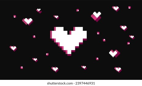 Game life vector illustration. Simple hearts in pixel style with glitch effects for online gaming, arcades. Template background for website, poster or stream in retro style. 