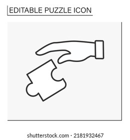  Game line icon. Hand throws away the puzzle element. Intellectual game. Puzzle concept. Isolated vector illustration. Editable stroke