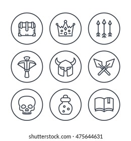 Game line icons in circles set 2, RPG, arrows, crown, potion, crossbow, chest, medieval, fantasy, vector illustration