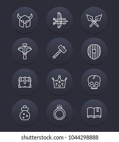 Game line icons set 2, armor, war hammer, crossbow, arrows and bow, RPG items