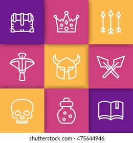 Game line icons set 2, RPG, arrows, crown, helmet, skull, potion, crossbow, chest, medieval