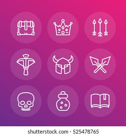 Game line icons set 2, RPG, crossbow, chest, arrows, crown, potion, medieval, dark magic, fantasy items, vector illustration