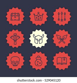game line icons set 2, RPG, crossbow, chest, arrows, crown, potion, medieval, fantasy items
