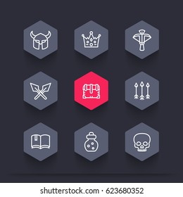 Game line icons set 2, armor, crossbow, chest, arrows, potion, crown
