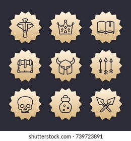 Game line icons set 2, crossbow, chest, arrows, potion, medieval, fantasy items