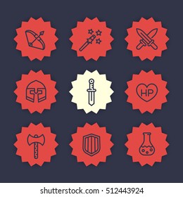 Game line icons set, RPG, fantasy, swords, magic wand, knight, bow, helmet, armor, potion