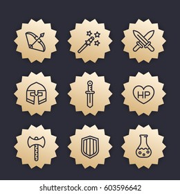 Game line icons set, RPG, fantasy items, swords, axe, magic wand, knight, bow, helmet, potion