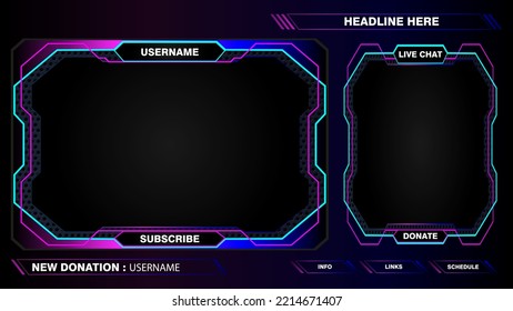 La interfaz de transmisión en vivo de juegos superpone los marcos para transmisión de gamer. Banners de streaming en línea y barras de menú aislados en segundo plano.