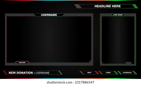 Game live stream interface overlay frames for gamer broadcast. Online streaming banners and menu bars isolated on background.