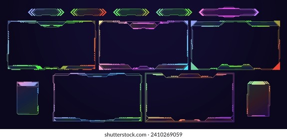 Game Live Stream Panels, Empty Overlay Frames And Buttons With Colorful Rainbow Neon Glow. Vector Cartoon Set