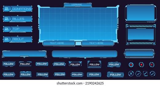 Game live stream panels, overlay frames and buttons in futuristic style. Live broadcast dashboard collection. Futuristic info boxes layout templates. Vector illustration - Shutterstock ID 2190242625