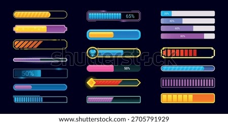 Game loading bars. Loader mobile application interface, upload progress bar video download neon indicator level gauge cartoon app ui coming soon status, kicky vector illustration