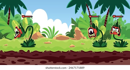 Game location with plant monsters. Scary alien flowers with life indicators, toothy evil flowers, alien planet nature, botanical character cartoon flat style isolated tidy vector concept