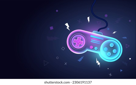 Game logo banner. Neon joystick, controller or gamepad. Arcade and video game. Cyberspace and virtual reality, metaverse. Computer and pc. Entertainment and competition. Vector illustration