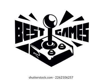 Logo del juego negro. Mejor controlador de juegos o joystick, gamepad. Icono, logotipo, emblema y placa en estilo retro. Tecnología moderna, entretenimiento y diversión. Dibujo vectorial plano de dibujos animados