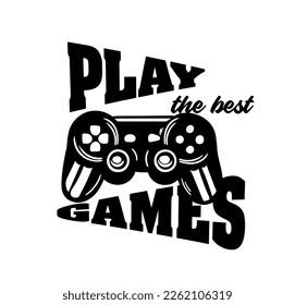 Spiellogo schwarz. Gamepad oder Controller mit Inschriften. Mode, Trend und Stil. Beste Videospiele, Spaß und Unterhaltung. Poster oder Banner. Cartoon-Flavektor-Vektorgrafik