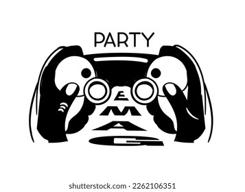 Game logo black. Sticker for social networks and messengers in retro style. Video game party. Fashion and trend. Virtual reality and cyberspace. Cartoon flat vector illustration