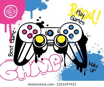 Game logo joystick. Controller or gamepad, symbol of video games and entertainment. Fashion and trend, design element for printing on fabric. Grunge and retro style. Cartoon flat vector illustration