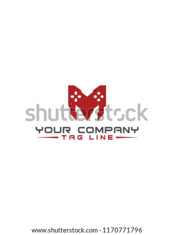 Game logo M letter template icon for app gaming software brand with red powerfull theme color