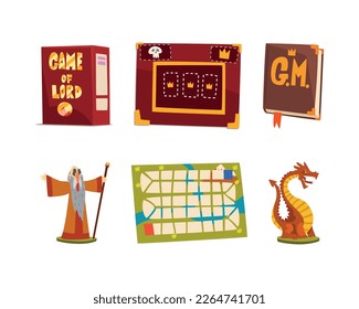 Game of Lord with Game Box, Fantasy Guide Book, Dragon and Wizard Figure as Fantasy Magic Board Game Elements Vector Set