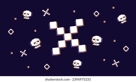 Game lost vector illustration. Big cross, small human skulls in pixel style with glitch effects for online gaming, arcades. Background for website for stream in retro style. You lose, game over.