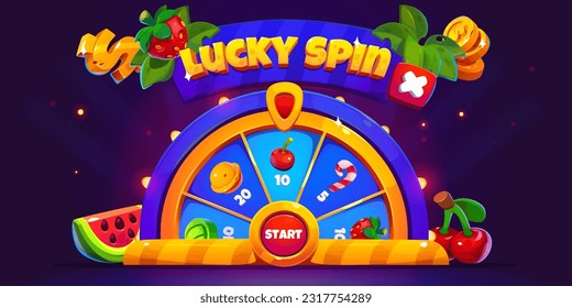 Game lucky spin wheel banner with lottery to win. Casino roulette vector background for mobile app with close button. Golden circle gamble icon with chance for winner. Raffle with arrow illustration