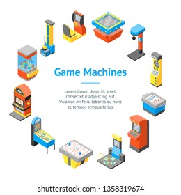 Game Machine 3d Banner Card Circle Isometric View Include of Arcade and Slot. Vector illustration of Gaming Icon