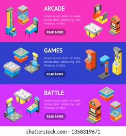 Game Machine 3d Banner Horizontal Set Isometric View Include of Arcade and Slot. Vector illustration of Gaming Icon